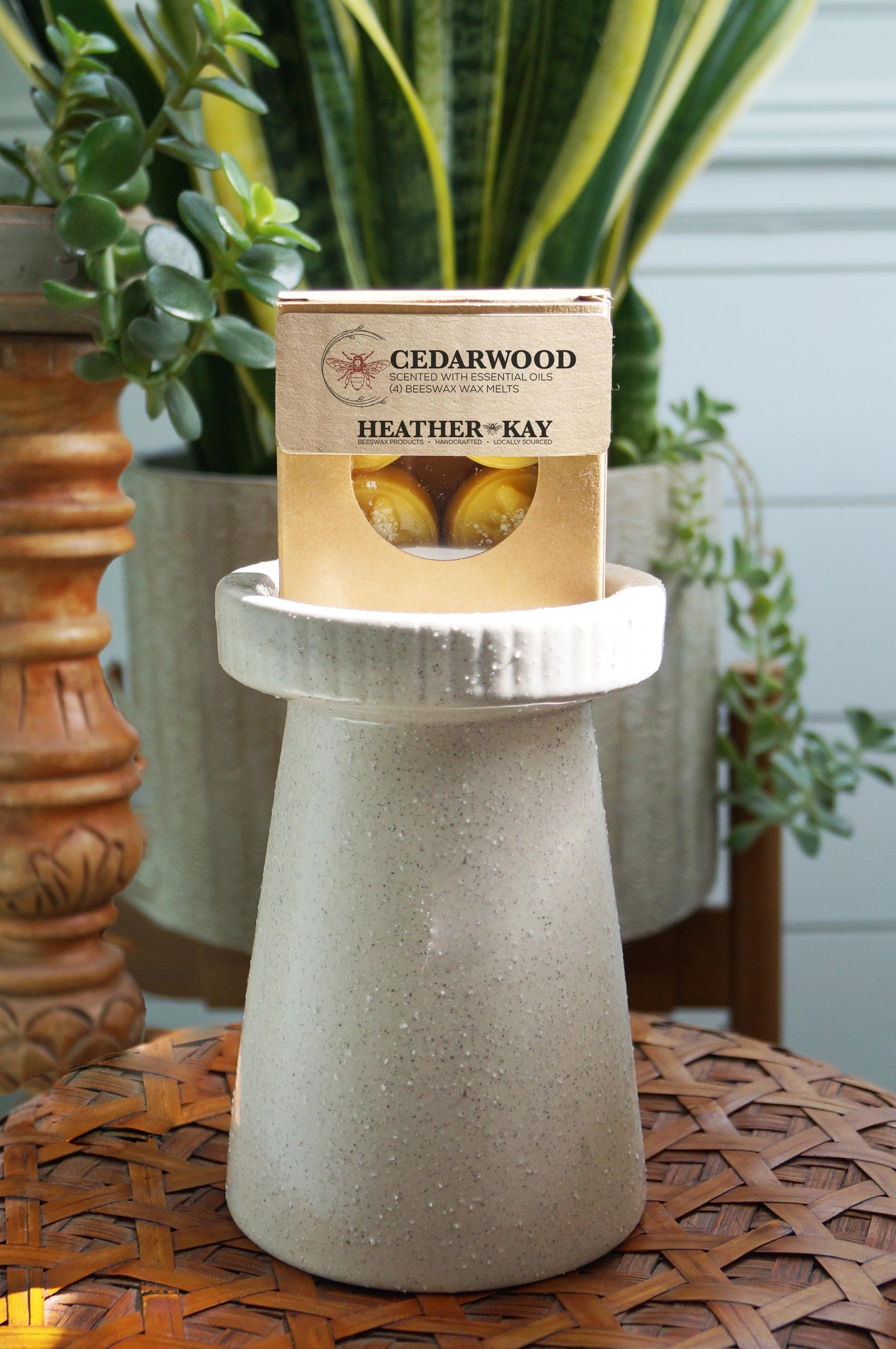 Cedarwood Essential Oil Beeswax Wax Melts in a kraft brown packaging on a white concrete stand with a natural plant scenery background