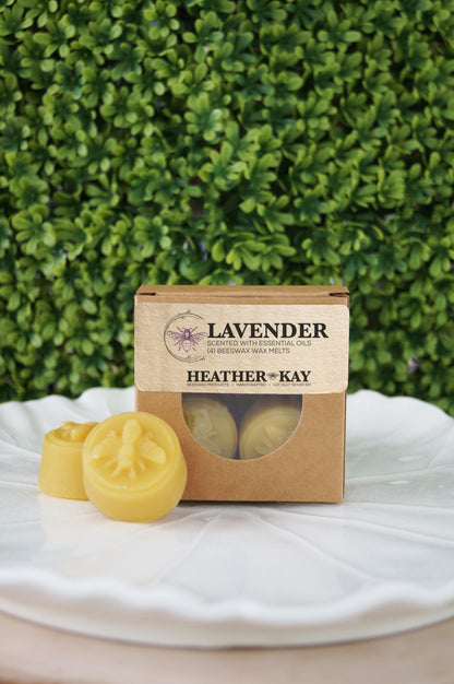 Lavender beeswax wax melts by Heather Kay Candles in kraft box packaging with visible beeswax wax melts, handcrafted with essential oils.